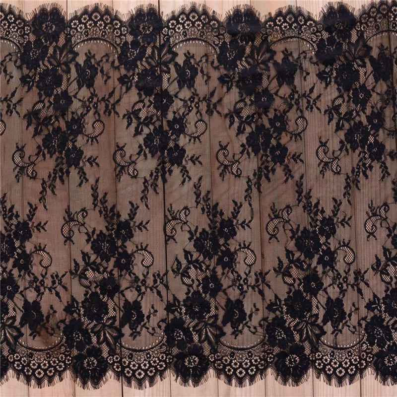 Zthread 3 Yards Eyelash Lace Fabric Floral Pattern Lace Trims for Sewing Dress Home Decor (29" W x 3 Yards, Black) - Image 1