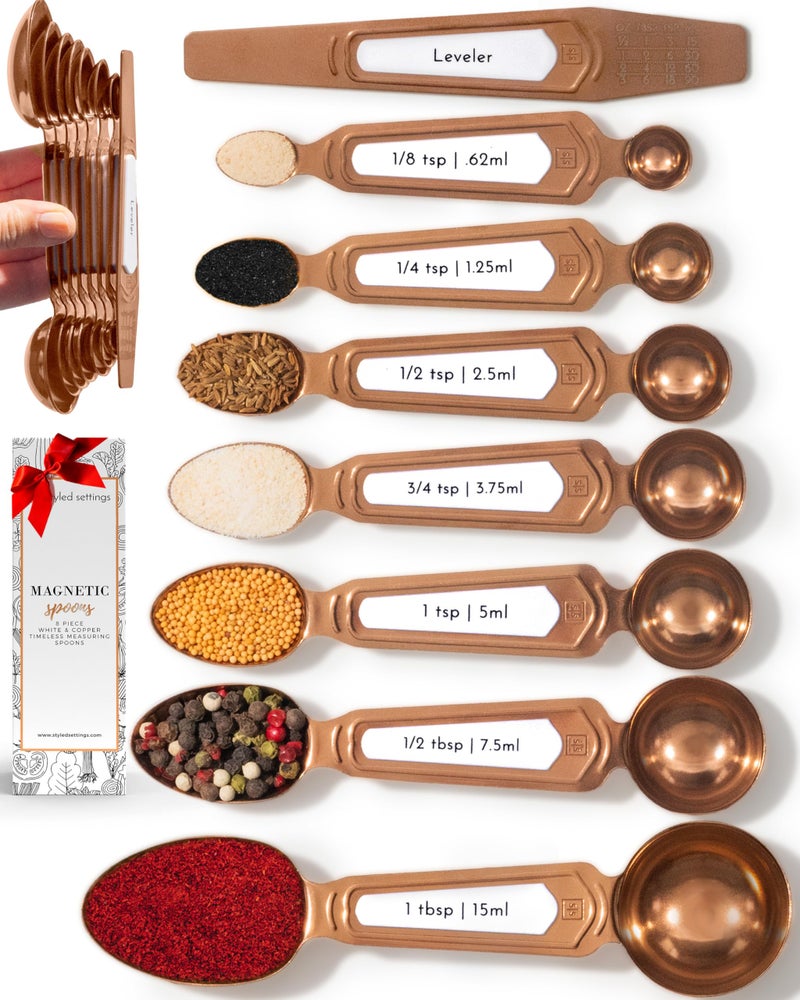 Copper Measuring Spoons Set with Leveler 8Piece DoubleSided Nesting Magnetic Measuring Spoons Stackable Spice Jar Friendly Stylish Copper Kitchen Accessories and Decor for Baking and Cooking