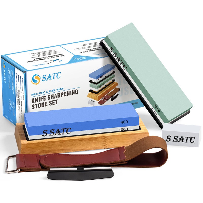 حجر شحذ السكاكين S SATC حجر شحذ 4 جوانب حبيبات 4001000 30008000 شحاذات سكاكين مع قواعد مطاطية غير قابلة للانزلاق قاعدة خشبية حجر تسوية ومخلب جلدية