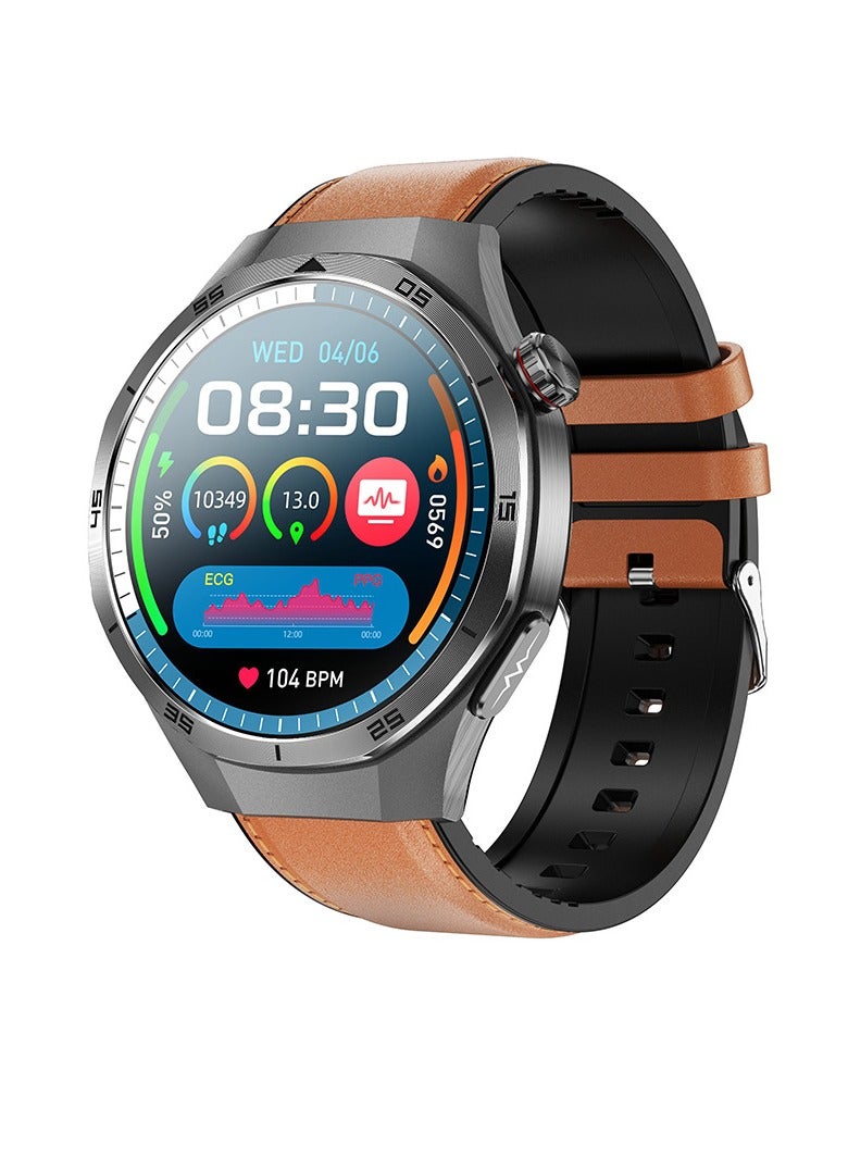 ET456 Smart Watch, 1.56 Inch Amoled Screen Health Care Tracker Smart Wrist Watch, IP68 Waterproof Full Touch Screen Smart Fitness Watch For Men And Women, (1pc, Brown, Leather Strap) - Image 1