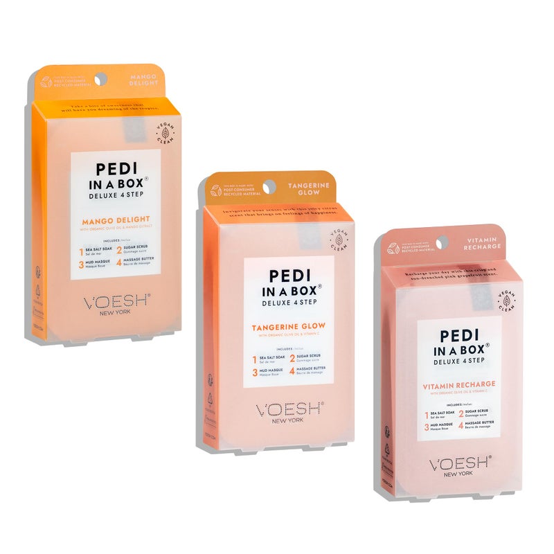 VOESH Pedi in a Box 4 Step Fruity Trio - 3 Pack of Mango Delight, Tangerine Twist & Vitamin Recharge Pedis, Home Pedicure, Vegan Foot Care, DIY Pedi - Image 1