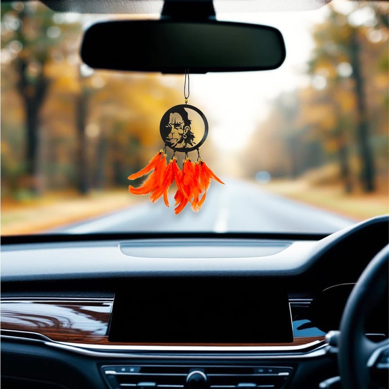 Jiyu Creation Car Hanging Ornament bajrang Orange Dream Catcher for Positive Energy Rearview Mirror Charm Home and Temple Decor Durable Acrylic with Original Feathers - Image 1