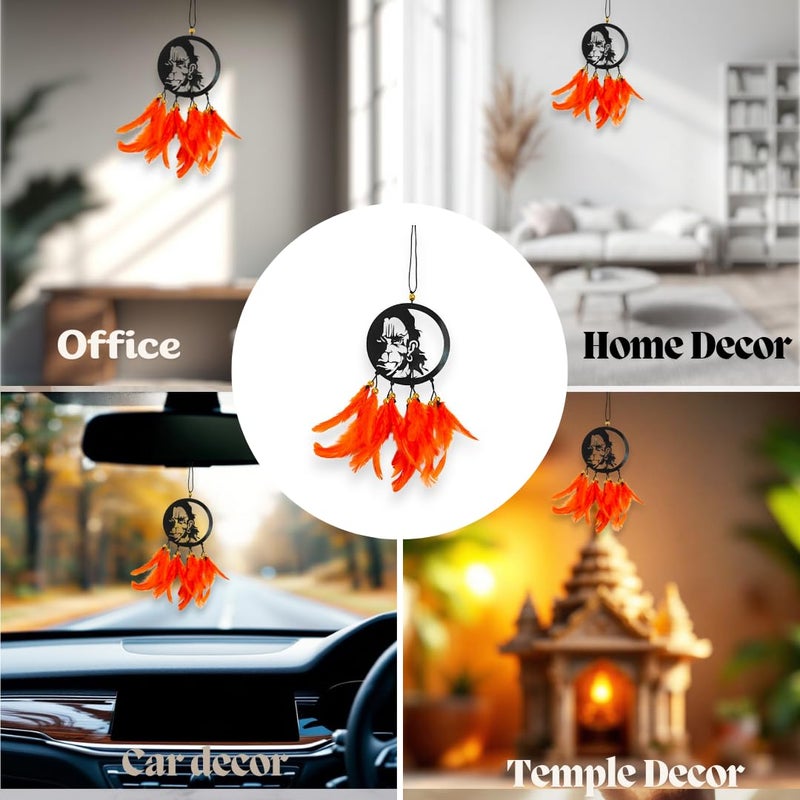 Jiyu Creation Car Hanging Ornament bajrang Orange Dream Catcher for Positive Energy Rearview Mirror Charm Home and Temple Decor Durable Acrylic with Original Feathers - Image 3