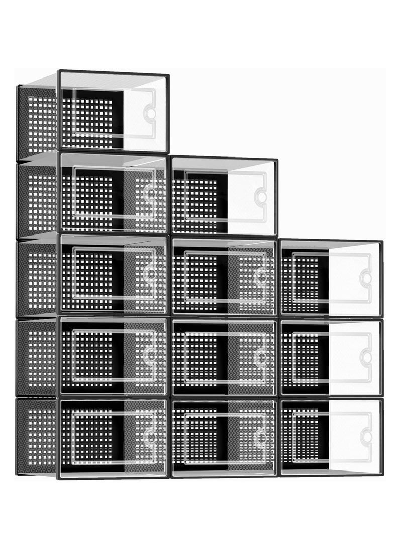 Shoe Storage Box, 12 Pack Shoe Organizer with Lid, Stackable Storage Container for Shoes Clothes Toys Cosmetics (Black) - Image 1