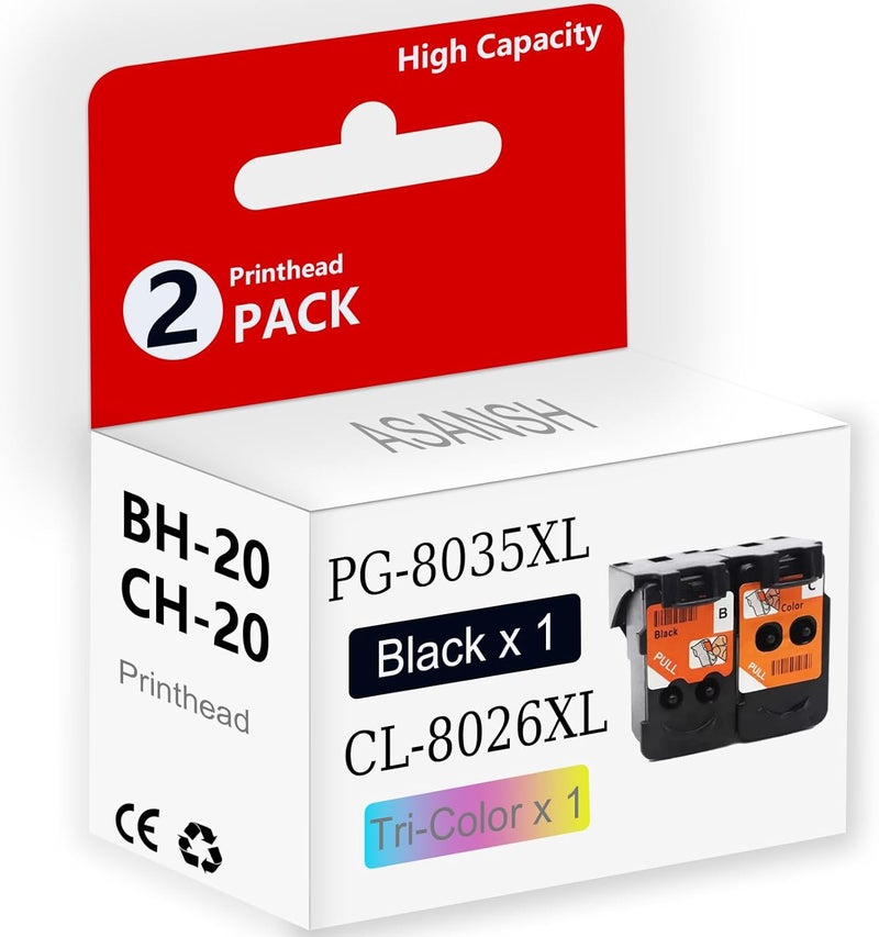 رأس الطباعة BH-20 CH-20 لخراطيش PG-8035XL CL-8026XL المستخدمة في طابعات PIXMA G7020 G6020 G5020 G3260 G3262 G2260 G1230 G1220 MegaTank (1 أسود و1 ثلاثي الألوان) - Image 1