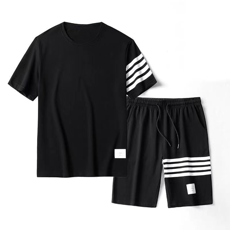 Couples Casual Summer Outfit Short Sleeve T-Shirt Set Two-Piece Sportswear Polyester Fabric Korean Style Printed Logo Design Black Pants  - Image 1