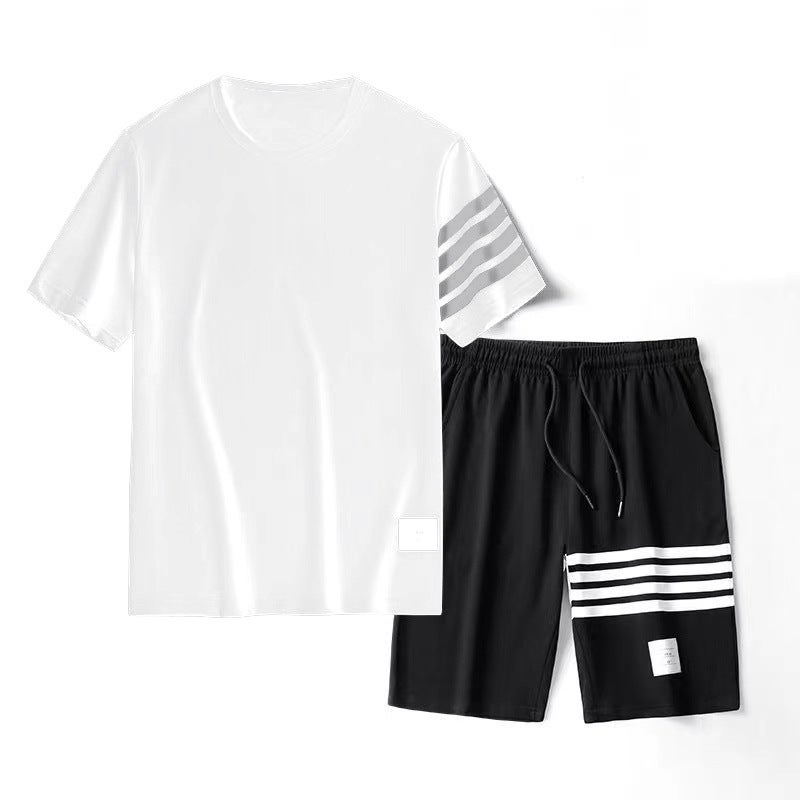 Couples Casual Summer Outfit Short Sleeve T-Shirt Set Two-Piece Sportswear Polyester Fabric Korean Style Printed Logo Design Black Pants  - Image 2