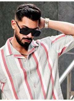 Maniac Mens Roman Stripes 3/4th Sleeve Sliver Grey HoneyComb Fabric Shirt  - Image 1