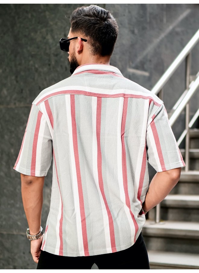 Maniac Mens Roman Stripes 3/4th Sleeve Sliver Grey HoneyComb Fabric Shirt  - Image 3