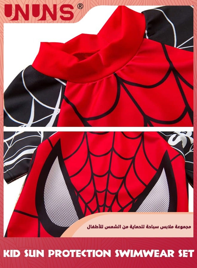 UNUNS Kid Boys Guard Swimsuit,UPF 50+ Swim Bathing Suit 3 Piece Sun Protection Swimwear Set,Short Sleeves Guard Swimsuit Swimwear,Swimming Cap,Beach Shorts,Quick-Drying Swimming Set,Red Superhero - Image 2