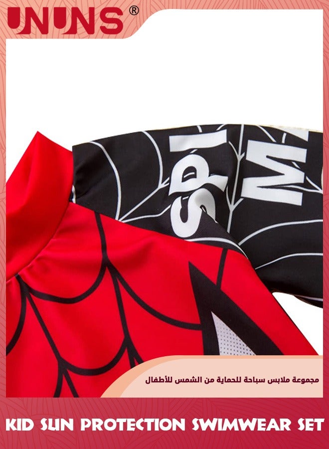 UNUNS Kid Boys Guard Swimsuit,UPF 50+ Swim Bathing Suit 3 Piece Sun Protection Swimwear Set,Short Sleeves Guard Swimsuit Swimwear,Swimming Cap,Beach Shorts,Quick-Drying Swimming Set,Red Superhero - Image 3