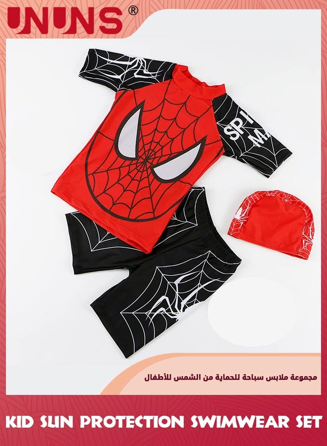 UNUNS Kid Boys Guard Swimsuit,UPF 50+ Swim Bathing Suit 3 Piece Sun Protection Swimwear Set,Short Sleeves Guard Swimsuit Swimwear,Swimming Cap,Beach Shorts,Quick-Drying Swimming Set,Red Superhero - Image 1