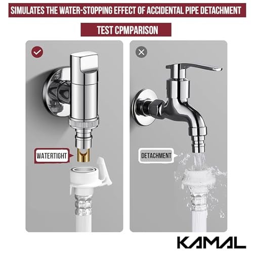 Kamal Washing Machine Tap - Flute | Chrome Finish Brass Faucet with Auto Water Stop | T-Shaped Valve Brass Faucets | Single Handle Tap | Dual Connector Type G1/2'' & 3/4'' | Space Saving Design - Image 5