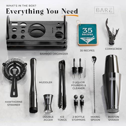 BARE BARREL® Mixology Bartender Kit Bar Set | 14-Piece Cocktail Shaker Set | Martini Barware Mixing Tools for Home Bartending | 35 Recipe Cards | Gift Set (28oz Boston Shaker, Jet Black/Black) - Image 4