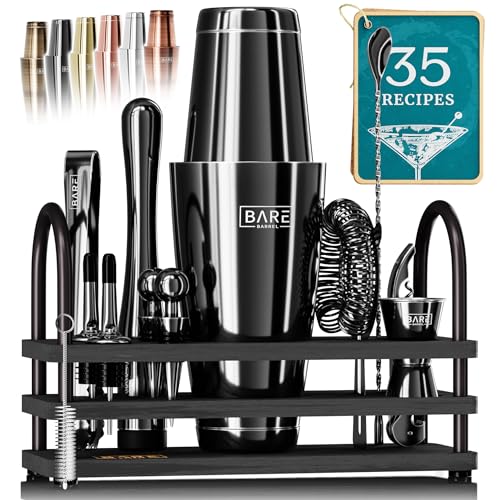 BARE BARREL® Mixology Bartender Kit Bar Set | 14-Piece Cocktail Shaker Set | Martini Barware Mixing Tools for Home Bartending | 35 Recipe Cards | Gift Set (28oz Boston Shaker, Jet Black/Black) - Image 1