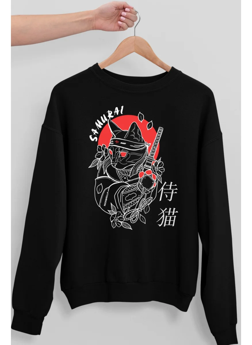 Rock&Roll Cat Samurai Black Crew Neck Thick Men's Sweatshirt