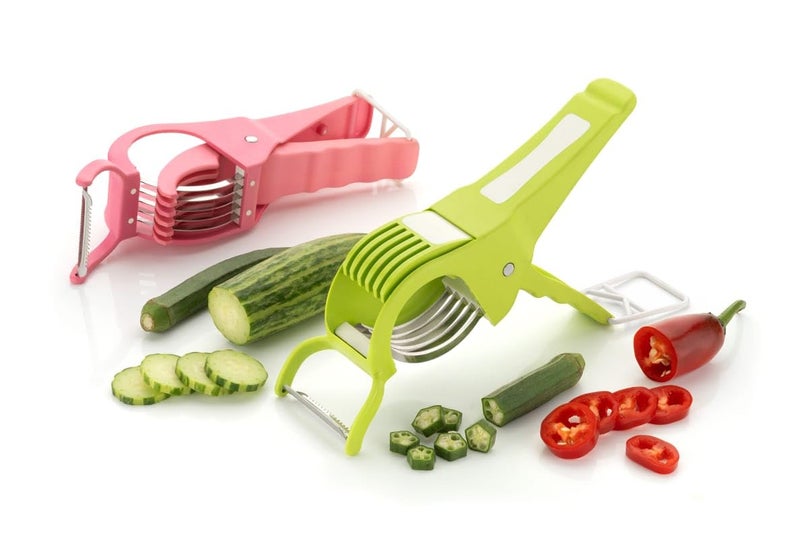 Clazkit Pack of 2 Plastic 2 in 1 Vegetable & Fruit Multi & Peeler, Veg Sharp Stainless Steel 5 Blade Vegetable Cutter with Peeler (Multi) - Image 4