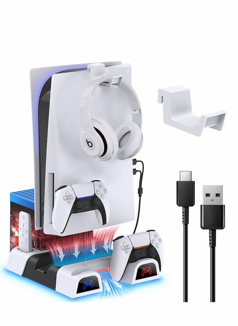 PS5 Cooling Station,Cooling Stand with Suction Cooling Fan and Dual Controller Charger Station for Playstation 5 PS5 Console, with Charging Dock Station and 11 Games Storage- 2 IN1 Cable