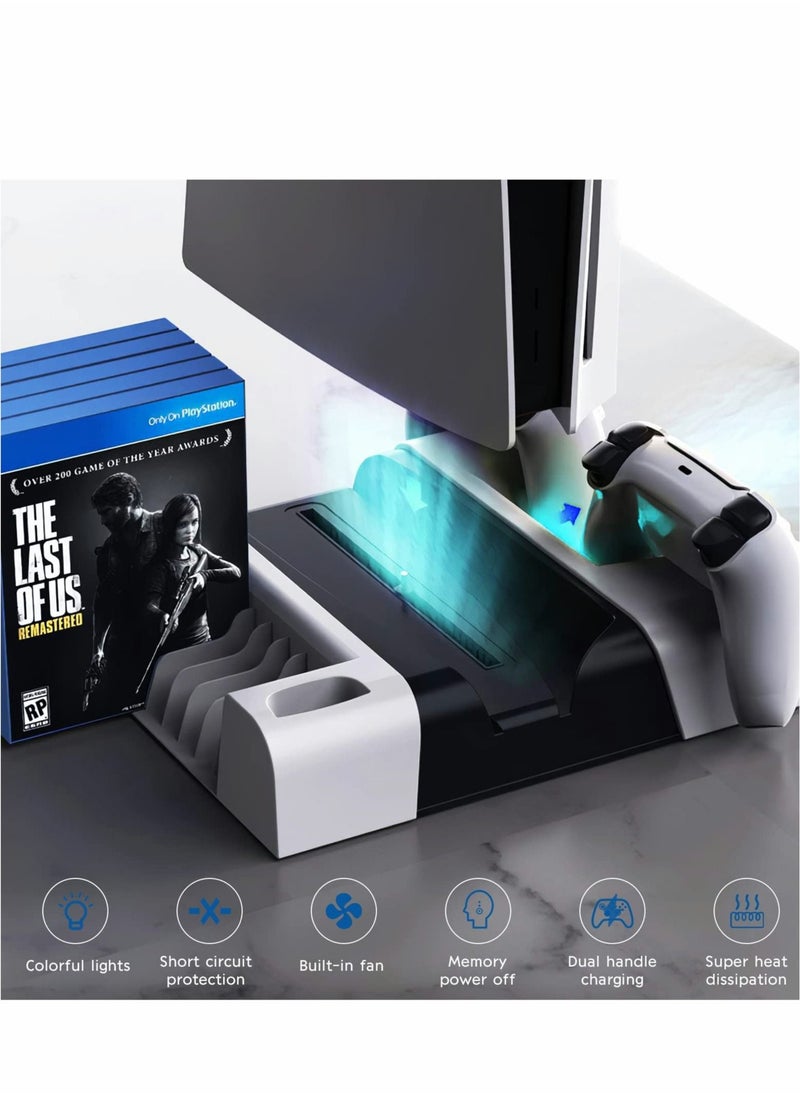 Captaintech - PS5 Cooling Station,Cooling Stand with Suction Cooling Fan and Dual Controller Charger Station for Playstation 5 PS5 Console, with Charging Dock Station and 11 Games Storage- 2 IN1 Cable - Image 1