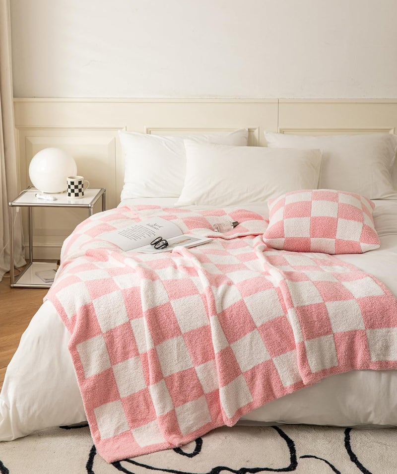 UltraSoft Buffalo Checkerboard Grid Fluffy Microfiber Knitted Throw Blanket Super Cozy Lightweight Checkered Bed Blanket for Sofa Couch Bed Pink 51X63