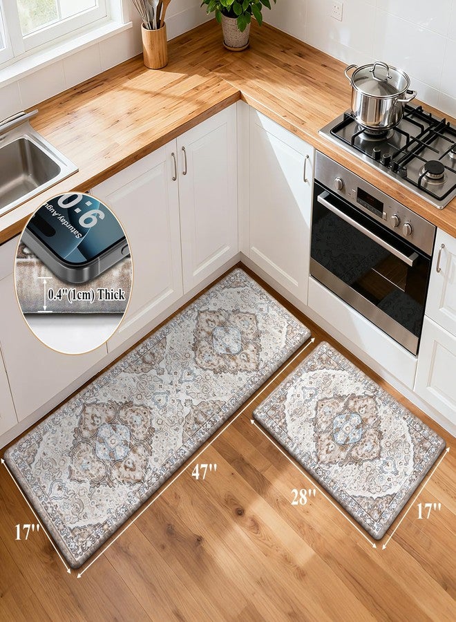 Ileading Kitchen Anti Fatigue Mat Set of 2 Non Skid Waterproof Kitchen Floor Mat Vintage Cushioned Comfort Standing Mat Boho Kitchen Rug Runner for Kitchen Sink Laundry, 17"x47"+17"x28", Light Brown - Image 2