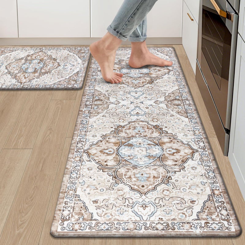 Ileading Kitchen Anti Fatigue Mat Set of 2 Non Skid Waterproof Kitchen Floor Mat Vintage Cushioned Comfort Standing Mat Boho Kitchen Rug Runner for Kitchen Sink Laundry, 17"x47"+17"x28", Light Brown - Image 1