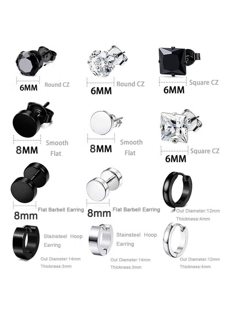 Earrings for Men, Stainless Steel Black Stud Earrings Hoop Earrings Set for Unisex, Boys Girls Jewelry Set Gift (12 Pairs Set) - Image 2