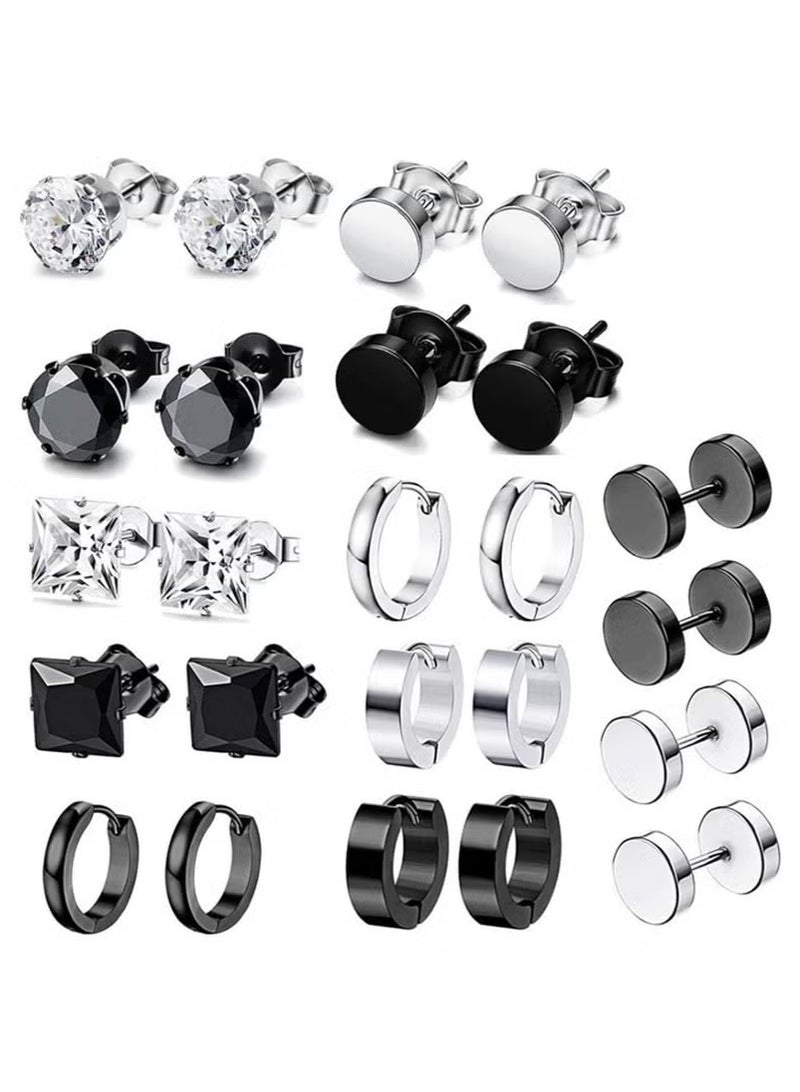 Earrings for Men, Stainless Steel Black Stud Earrings Hoop Earrings Set for Unisex, Boys Girls Jewelry Set Gift (12 Pairs Set) - Image 1