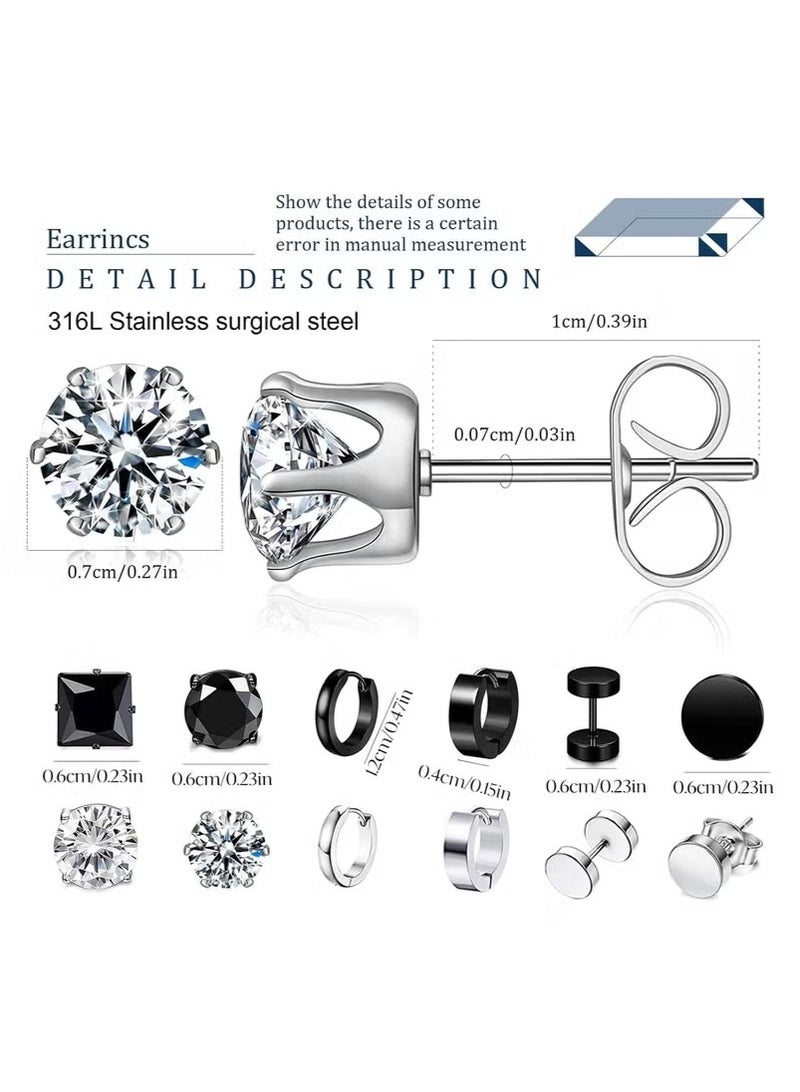 Earrings for Men, Stainless Steel Black Stud Earrings Hoop Earrings Set for Unisex, Boys Girls Jewelry Set Gift (12 Pairs Set) - Image 3