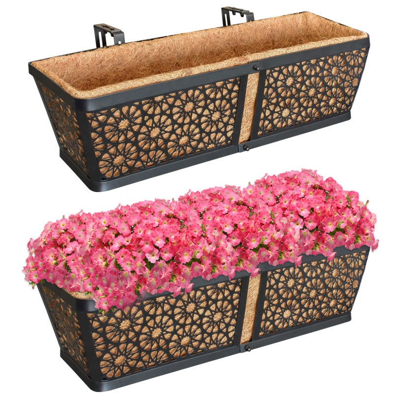 ZeeDix Railing Planter Boxes, 24 Inch Window Flower Box Planters with Coco Liner & Adjustable Brackets for Deck Porch Fence Patio Balcony Gardening Outdoor Plants (2 Pack) - Image 1