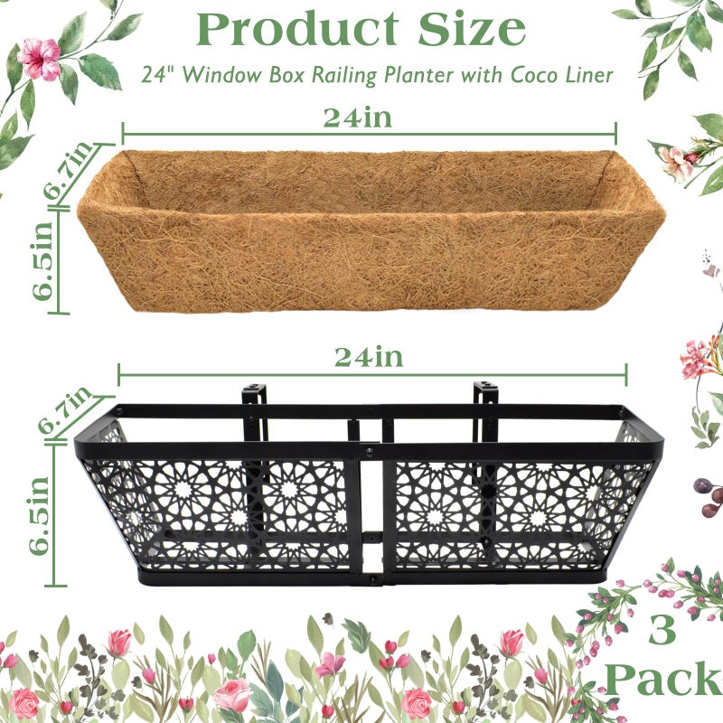 ZeeDix Railing Planter Boxes, 24 Inch Window Flower Box Planters with Coco Liner & Adjustable Brackets for Deck Porch Fence Patio Balcony Gardening Outdoor Plants (2 Pack) - Image 3
