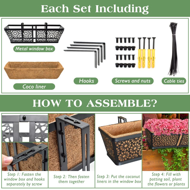 ZeeDix Railing Planter Boxes, 24 Inch Window Flower Box Planters with Coco Liner & Adjustable Brackets for Deck Porch Fence Patio Balcony Gardening Outdoor Plants (2 Pack) - Image 4
