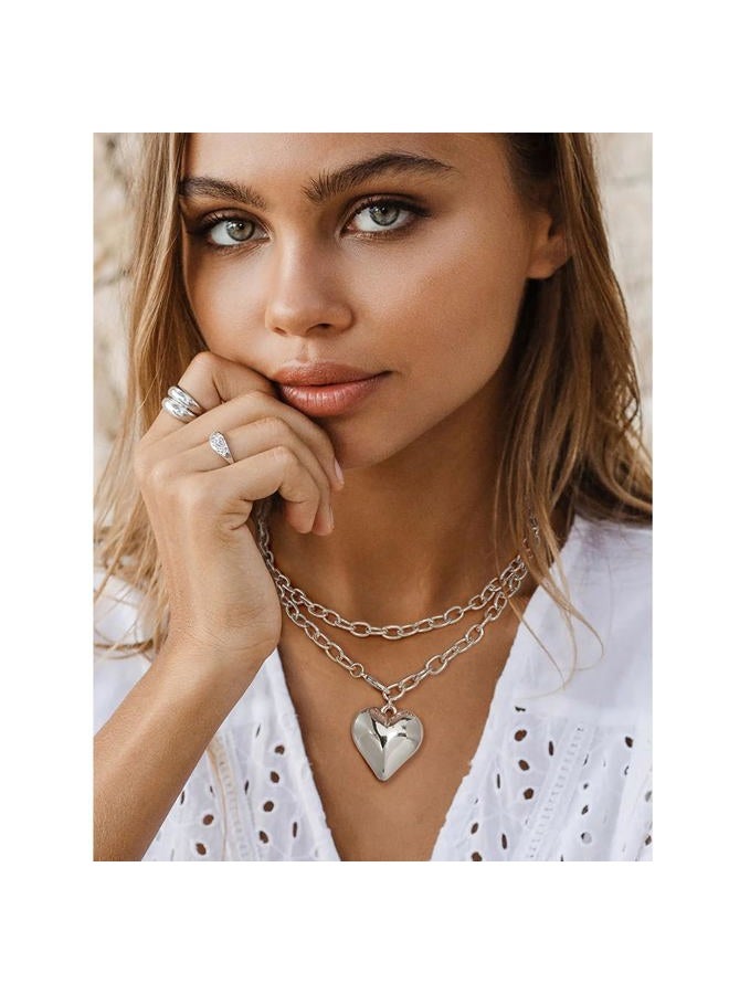 FAUTHENTICUTE Silver Plated Heart Layered Necklace For Women 36” Long Chain Necklace With A Puffy Heart Pendant Long Silver Necklaces, Long, Copper, No Gemstone - Image 3