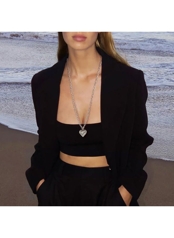 FAUTHENTICUTE Silver Plated Heart Layered Necklace For Women 36” Long Chain Necklace With A Puffy Heart Pendant Long Silver Necklaces, Long, Copper, No Gemstone - Image 5