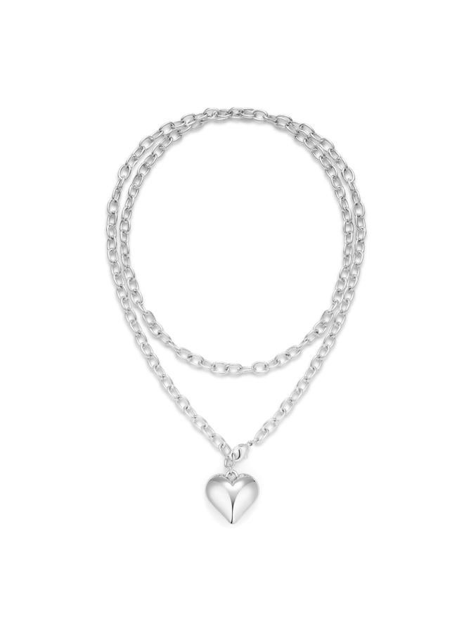 FAUTHENTICUTE Silver Plated Heart Layered Necklace For Women 36” Long Chain Necklace With A Puffy Heart Pendant Long Silver Necklaces, Long, Copper, No Gemstone - Image 1