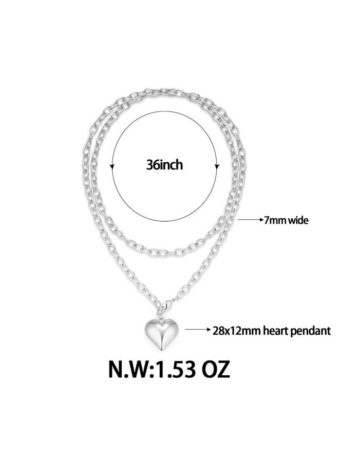 FAUTHENTICUTE Silver Plated Heart Layered Necklace For Women 36” Long Chain Necklace With A Puffy Heart Pendant Long Silver Necklaces, Long, Copper, No Gemstone - Image 4