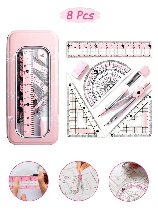 GD 8-Piece Geometry Compass Maths Set with Protractor Compass & Metal Box - Drawing Compass Kit with Rulers Pencil Eraser Educational Supplies for Class Supplies and School - Image 1