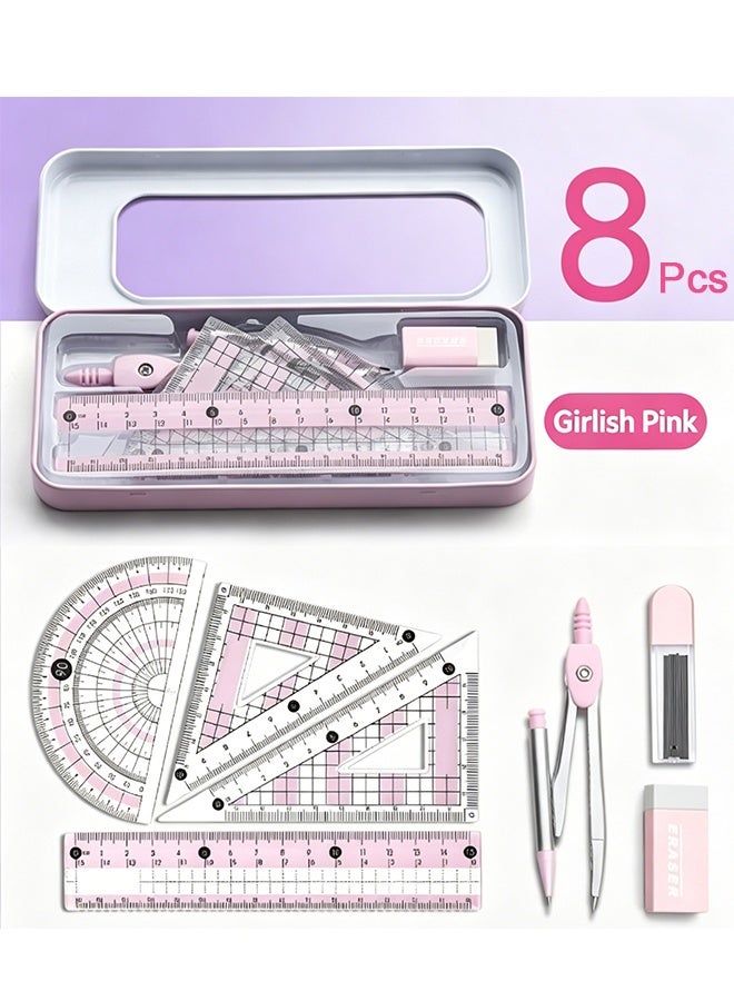 GD 8-Piece Geometry Compass Maths Set with Protractor Compass & Metal Box - Drawing Compass Kit with Rulers Pencil Eraser Educational Supplies for Class Supplies and School - Image 2