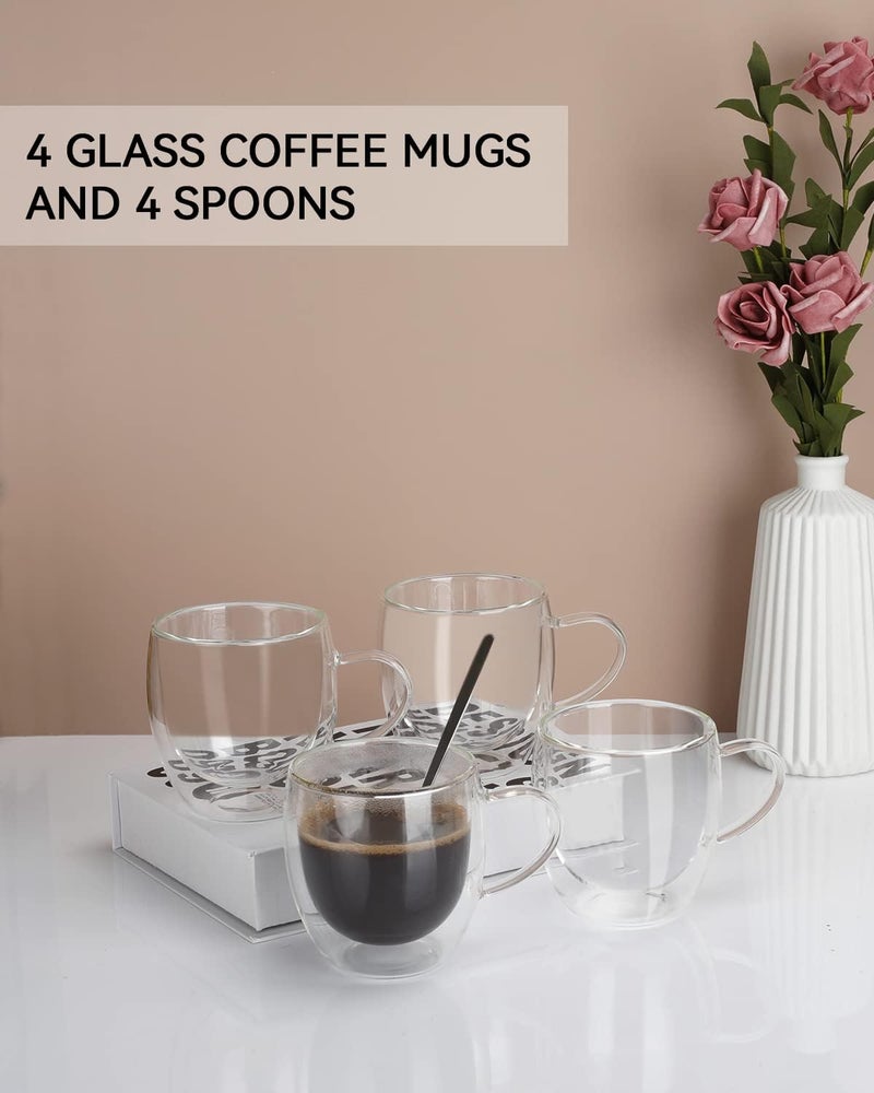 LIBWYS 4 Pack 250ml Double Walled Glass Coffee Mugs with 4 Spoons, Cappuccino Latte Tea Cups with Handle, Heat Resistant Drinking Glasses - Image 2