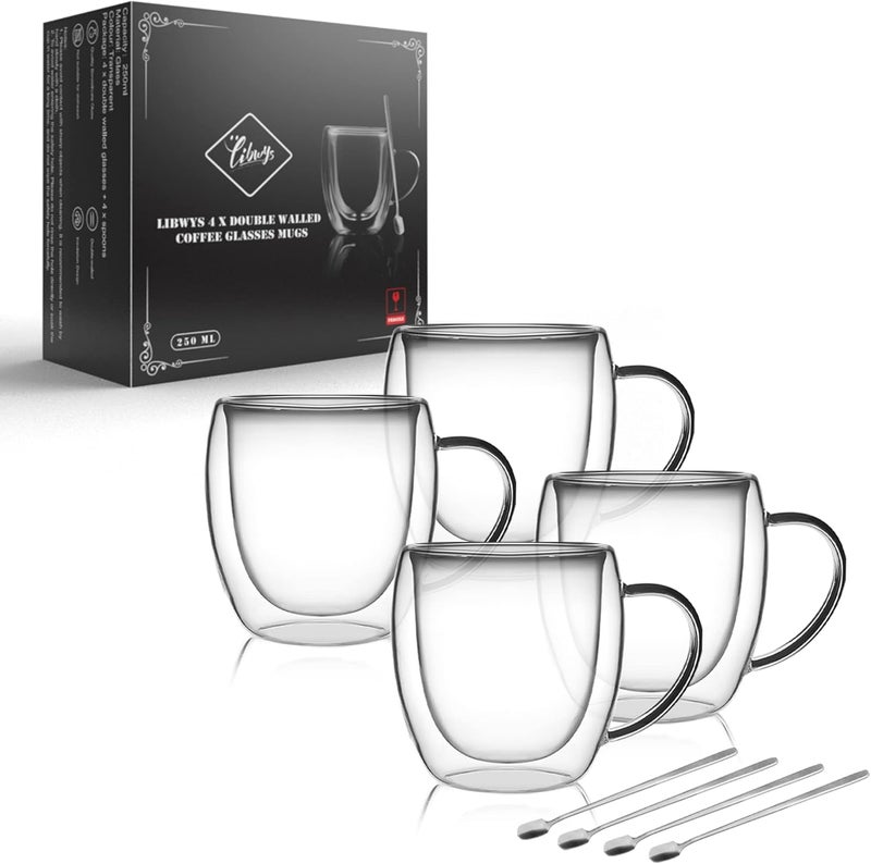 LIBWYS 4 Pack 250ml Double Walled Glass Coffee Mugs with 4 Spoons, Cappuccino Latte Tea Cups with Handle, Heat Resistant Drinking Glasses - Image 1