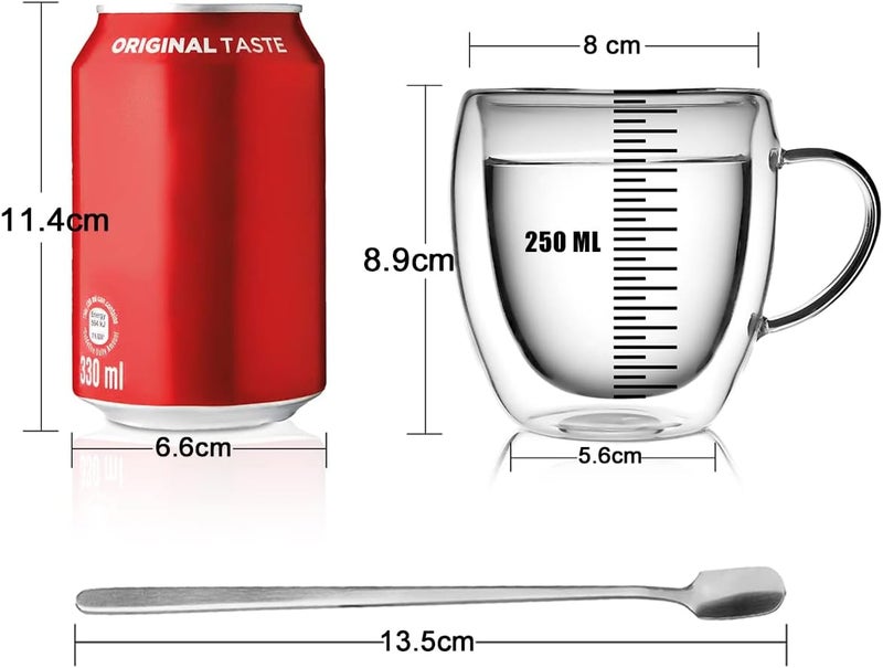 LIBWYS 4 Pack 250ml Double Walled Glass Coffee Mugs with 4 Spoons, Cappuccino Latte Tea Cups with Handle, Heat Resistant Drinking Glasses - Image 4