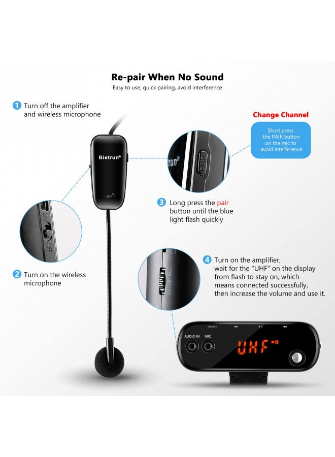 Bietrun Voice Amplifier for Teachers with Bluetooth, Portable Rechargeable Wireless Voice Amplifier with Headset Microphone Portable Megaphone Speaker for Teaching, Coach, Instructor, Tour Guide - Image 3