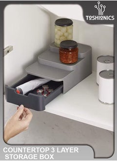 Toshionics Compact 3 Tier Shelf Organizer Cupboard Store Plastic Spice Rack Waterproof Non-Skid and Non-Slip Holder Bottle Rack to Use in Kitchen Pantry Office Room Vanity Bathroom Cabinet Countertop with Drawer  - Image 1