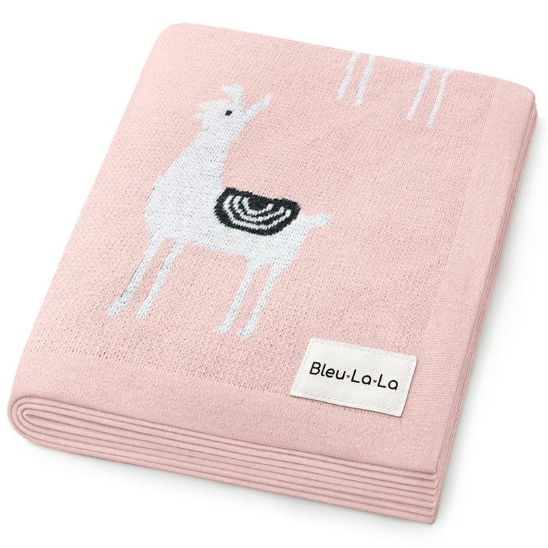 Bleu La La Knit Swaddling Baby Blanket - 100% Fine Loomed Cotton Cozy Receiving Cuddle Stroller Crib Swaddling Stroller Swaddle Quilt Blanket for Newborns Infants Toddler Boys and Girls (Llama - Pink) - Image 1