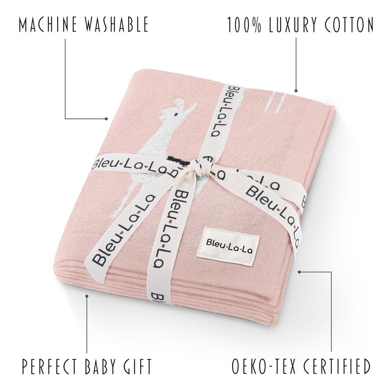 Bleu La La Knit Swaddling Baby Blanket - 100% Fine Loomed Cotton Cozy Receiving Cuddle Stroller Crib Swaddling Stroller Swaddle Quilt Blanket for Newborns Infants Toddler Boys and Girls (Llama - Pink) - Image 3