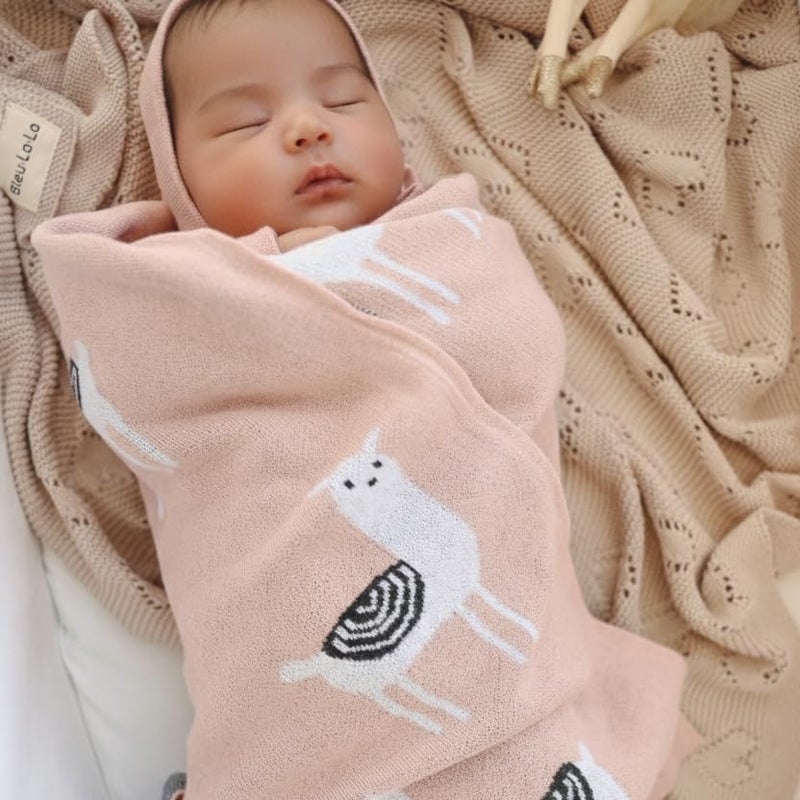 Bleu La La Knit Swaddling Baby Blanket - 100% Fine Loomed Cotton Cozy Receiving Cuddle Stroller Crib Swaddling Stroller Swaddle Quilt Blanket for Newborns Infants Toddler Boys and Girls (Llama - Pink) - Image 2