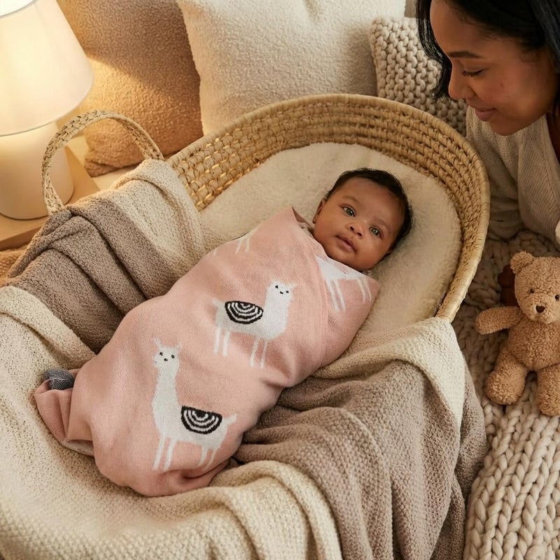 Bleu La La Knit Swaddling Baby Blanket - 100% Fine Loomed Cotton Cozy Receiving Cuddle Stroller Crib Swaddling Stroller Swaddle Quilt Blanket for Newborns Infants Toddler Boys and Girls (Llama - Pink) - Image 4
