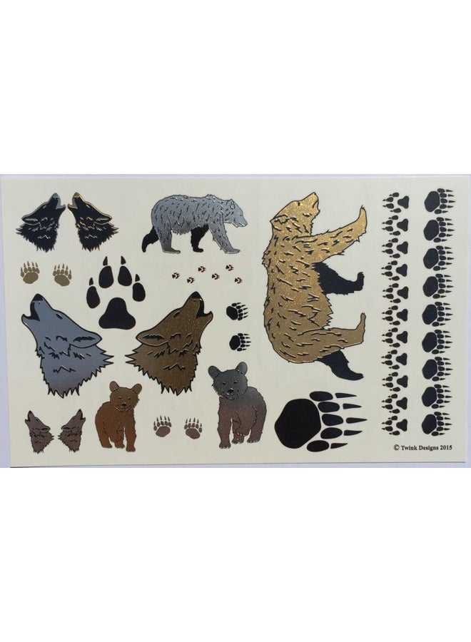 Secret Bear and Wolves Temporary Tattoos for Kids | 32 Tattoos on 2 Sheets | Fake Tattoos for Boys and Girls | Fun Metallic Shiny Animal Tattoos for Kids | By Twink Designs - Image 1