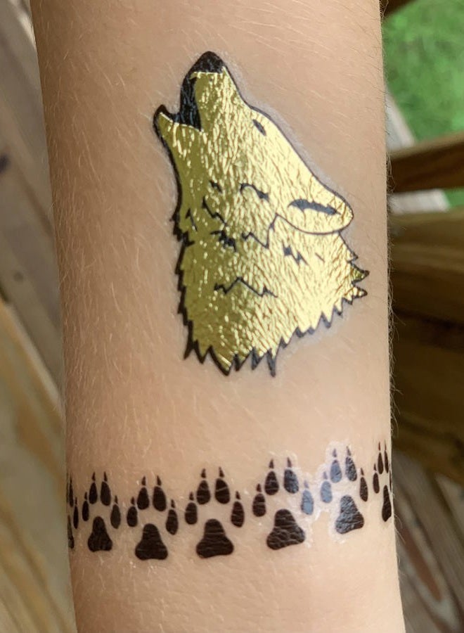 Secret Bear and Wolves Temporary Tattoos for Kids | 32 Tattoos on 2 Sheets | Fake Tattoos for Boys and Girls | Fun Metallic Shiny Animal Tattoos for Kids | By Twink Designs - Image 3