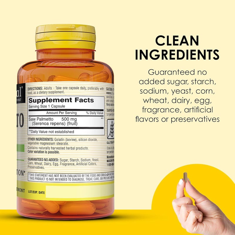 Mason Natural ماسون ناتشورال ساو بالميتو 500 ملغ يدعم صحة البروستاتا ووظيفة المسالك البولية 90 كبسولة - Image 5